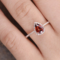 1 CT Pear Cut Garnet & CZ Diamond Rose Gold Over On 925 Sterling Silver Halo Engagement Ring