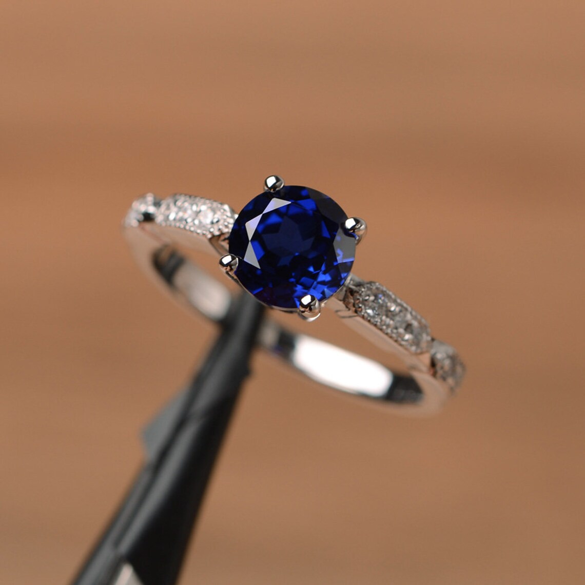 1.20 Ct Round Cut Blue Sapphire 925 Sterling Silver Solitaire W/Accents Engagement Ring