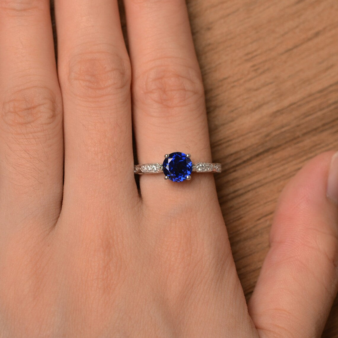 1.20 Ct Round Cut Blue Sapphire 925 Sterling Silver Solitaire W/Accents Engagement Ring
