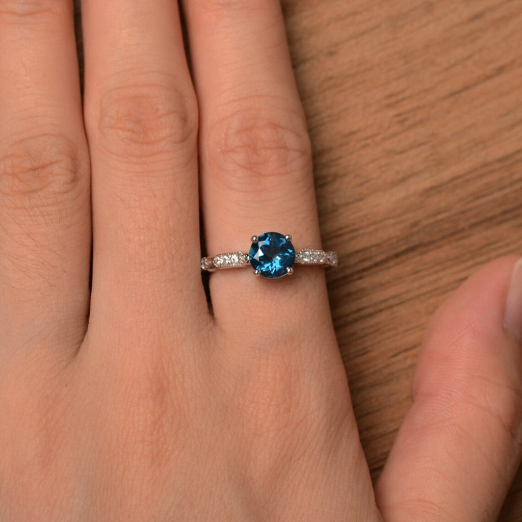 1.30 Ct Round Cut London Blue Topaz 925 Sterling Silver Solitaire W/Accents Promise Ring