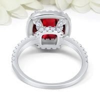 2 CT 925 Sterling Silver Red Ruby Cushion Cut Diamond Engagement Halo Ring