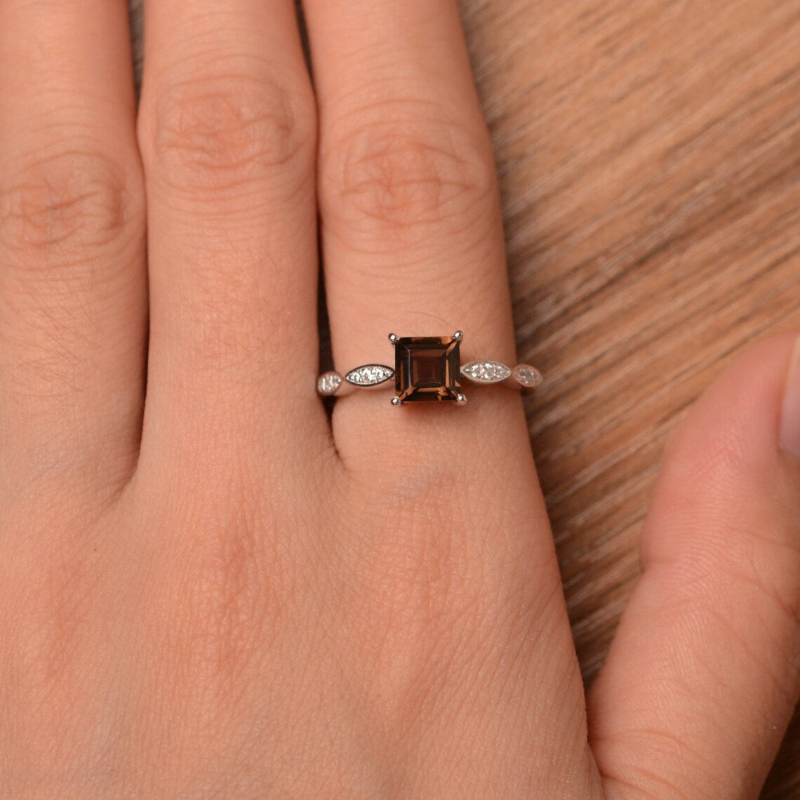 1.75 Ct Princess Cut Smoky Quartz 925 Sterling Silver Solitaire W/Accents Anniversary Ring