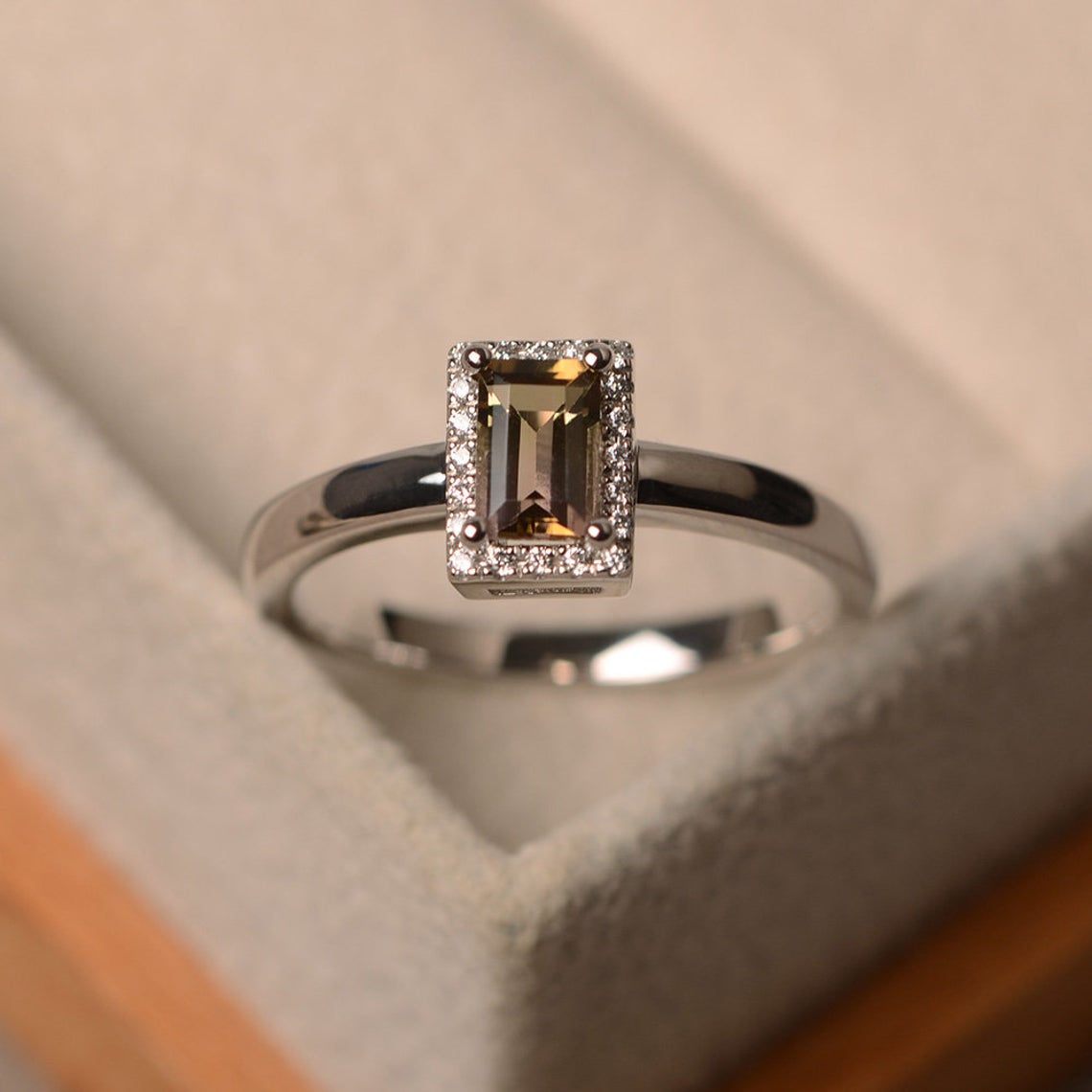 1.00 Ct Emerald Cut Smoky Quartz 925 Sterling Silver Halo Anniversary Gift Ring