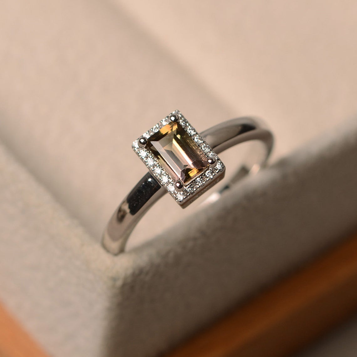1.00 Ct Emerald Cut Smoky Quartz 925 Sterling Silver Halo Anniversary Gift Ring