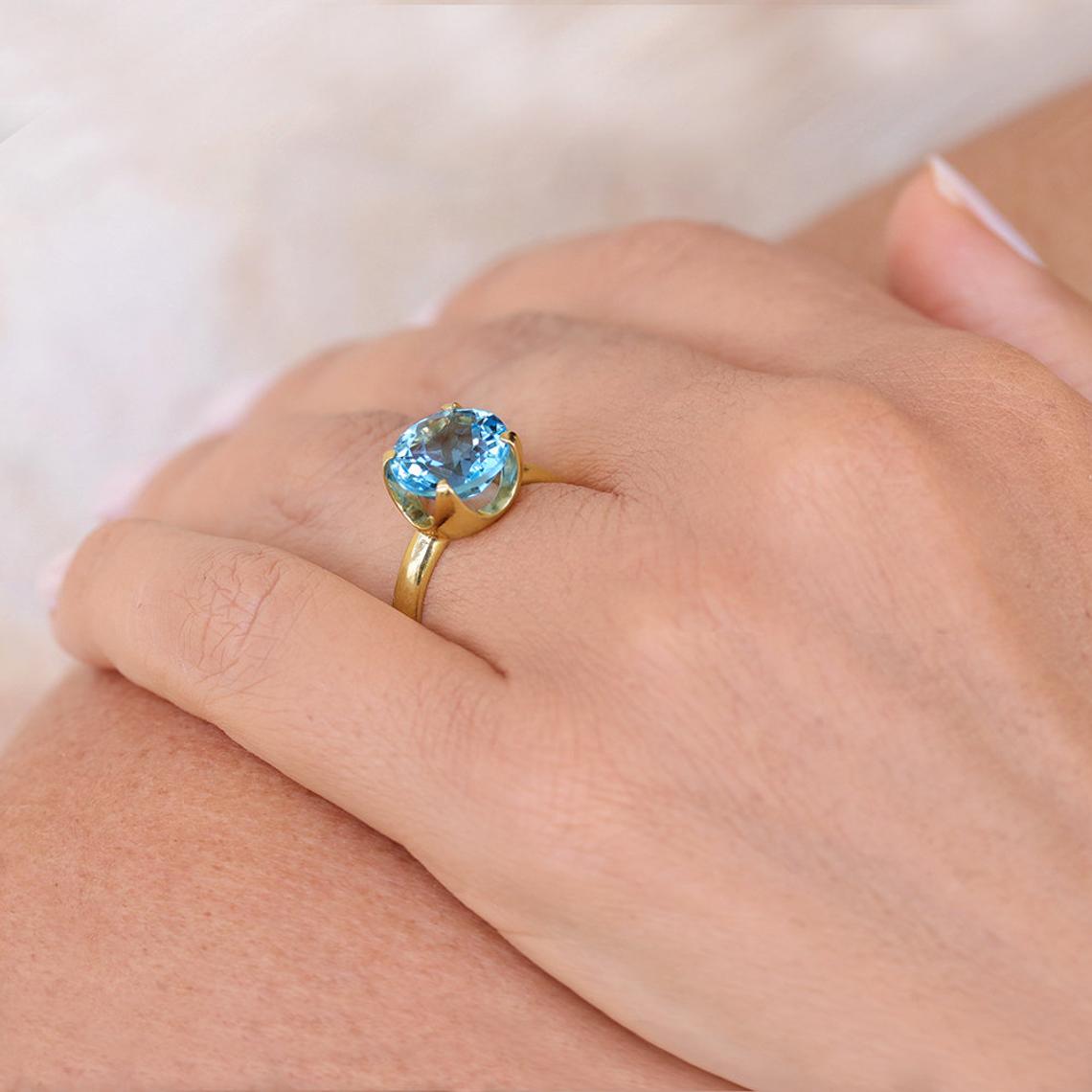 1 CT 925 Sterling Silver Blue Topaz Round Cut Women Engagement Ring