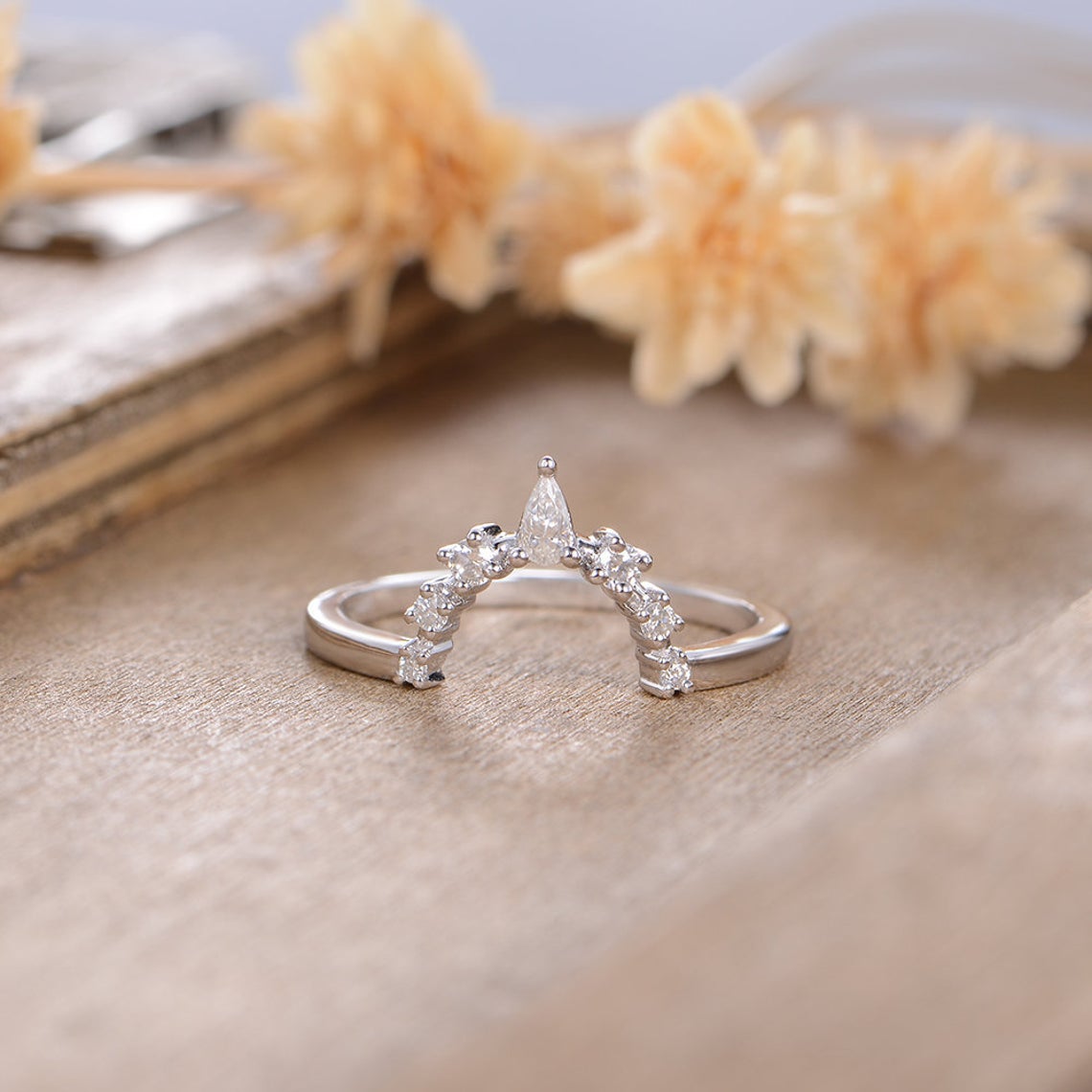 1 CT Pear Cut Diamond 925 Sterling Silver Curved Halo Wedding Band Ring