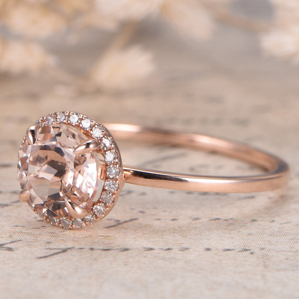 1 CT Round Cut Pink Morganite Rose Gold Over On 925 Sterling Silver Halo Engagement Ring