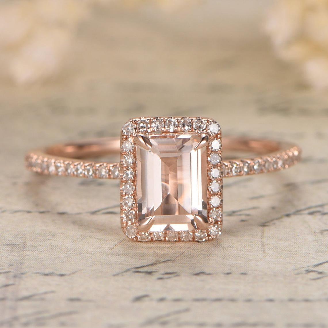 1.00 CT 925 Sterling Silver Emerald Cut Morganite While Diamond Engagement Ring