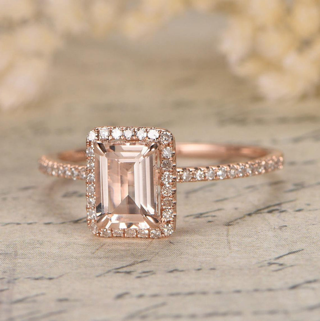1.00 CT 925 Sterling Silver Emerald Cut Morganite While Diamond Engagement Ring