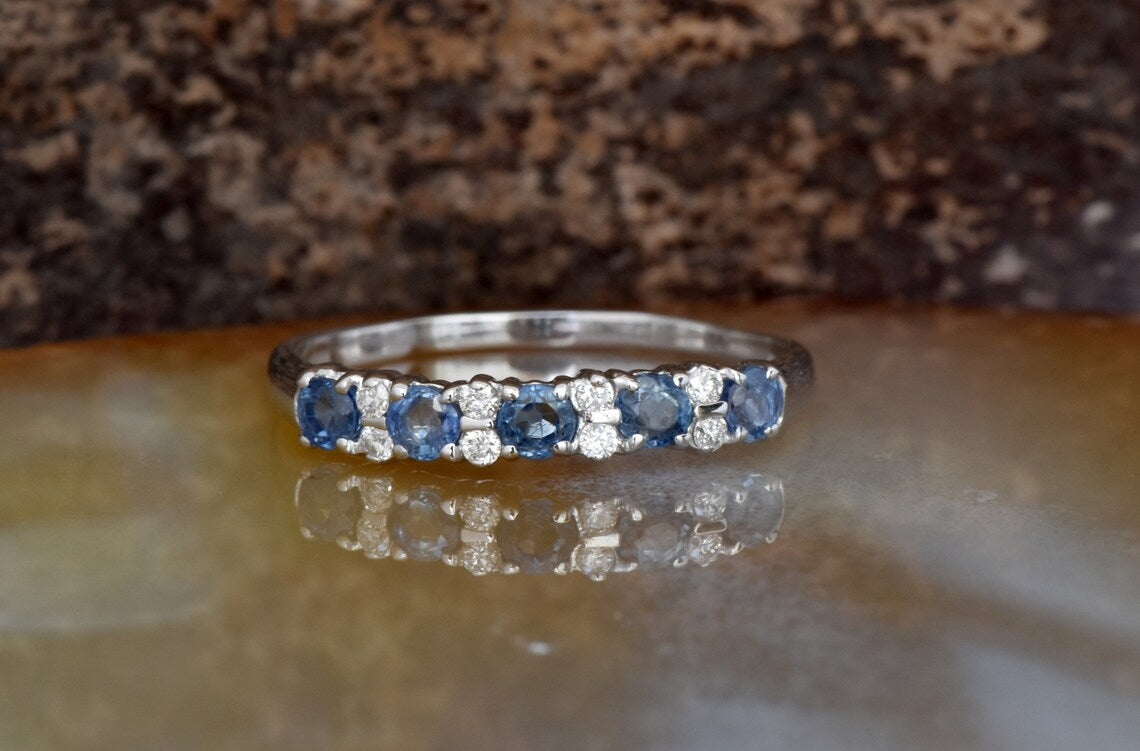 1CT Round Cut Blue sapphire Diamond White Gold Over On 925 Sterling Silver Half Eternity Band Ring