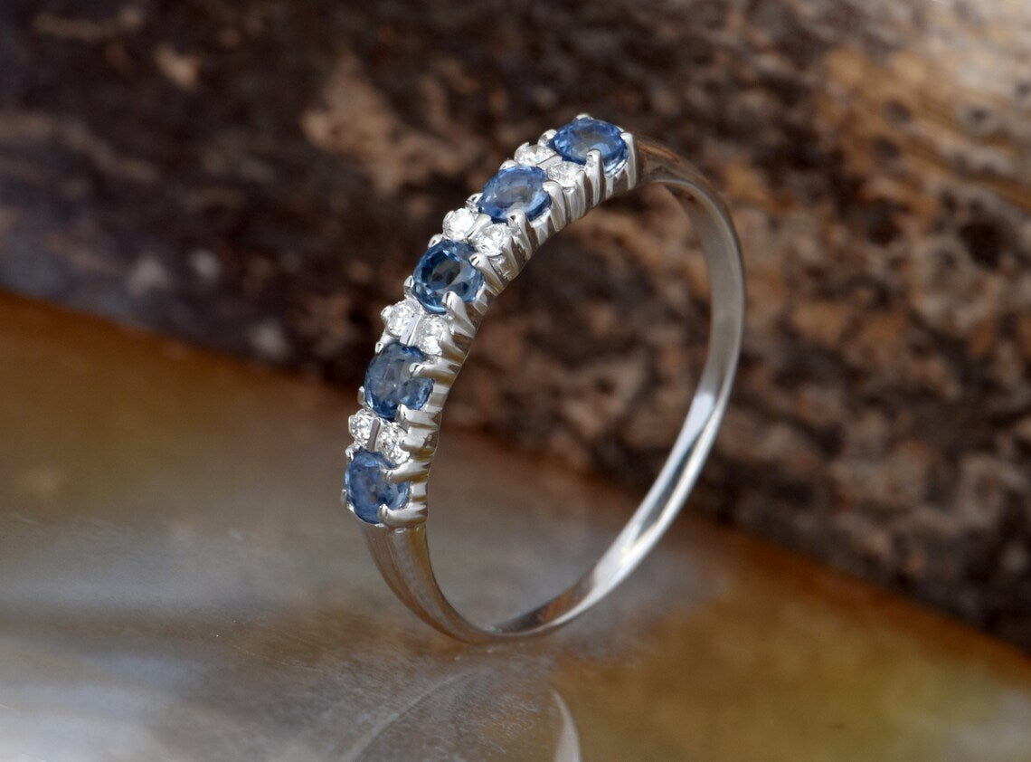 1CT Round Cut Blue sapphire Diamond White Gold Over On 925 Sterling Silver Half Eternity Band Ring