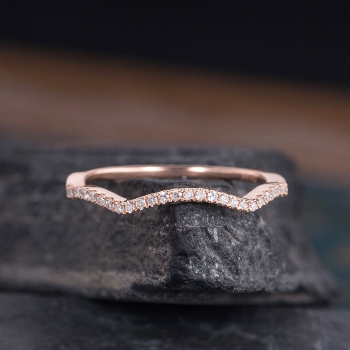 0.75 Ct Round Cut Diamond Rose Gold Over On 925 Sterling Silver Wave Curved Half Eternity Band Ring