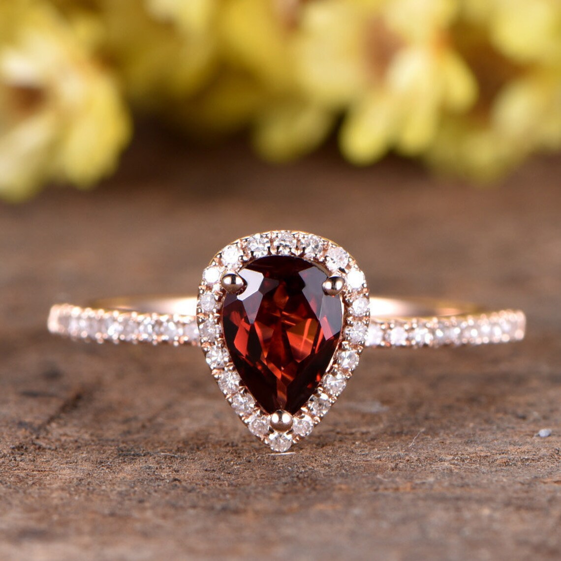 1 CT Pear Cut Garnet & CZ Diamond Rose Gold Over On 925 Sterling Silver Halo Engagement Ring