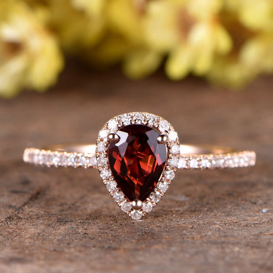 1 CT Pear Cut Garnet & CZ Diamond Rose Gold Over On 925 Sterling Silver Halo Engagement Ring