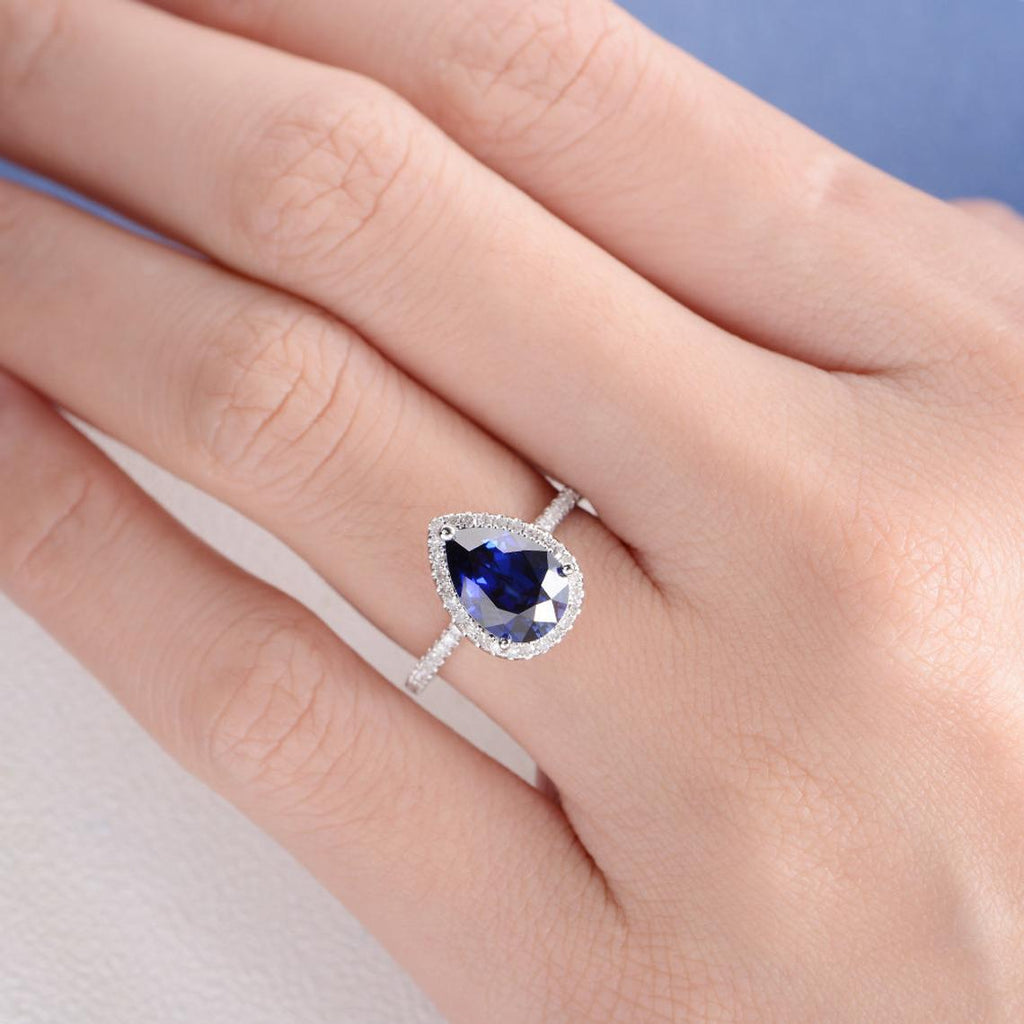 1.00 CT 925 Sterling Silver Pear Cut Sapphire Diamond Anniversary Gift Halo Ring