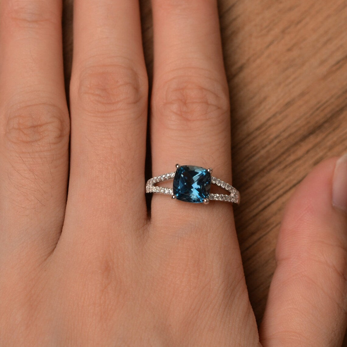 1 CT Cushion Cut London Blue Topaz Diamond White Gold Over On Rose Gold Over On Split Shank Solitaire Ring