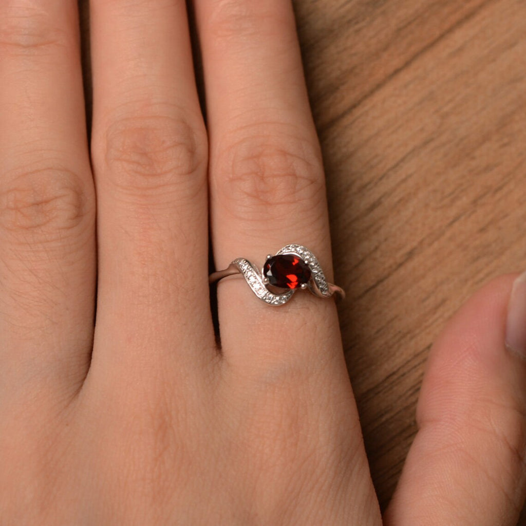 1 CT Oval Cut Red Garnet White Gold Over On 925 Sterling Silver Bypass Anniversary Ring