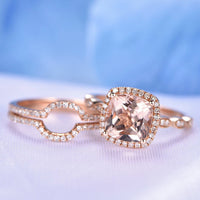 1 CT Cushion Cut Pink Morganite Rose Gold Over On 925 Sterling Silver Curved Wedding Ring Set