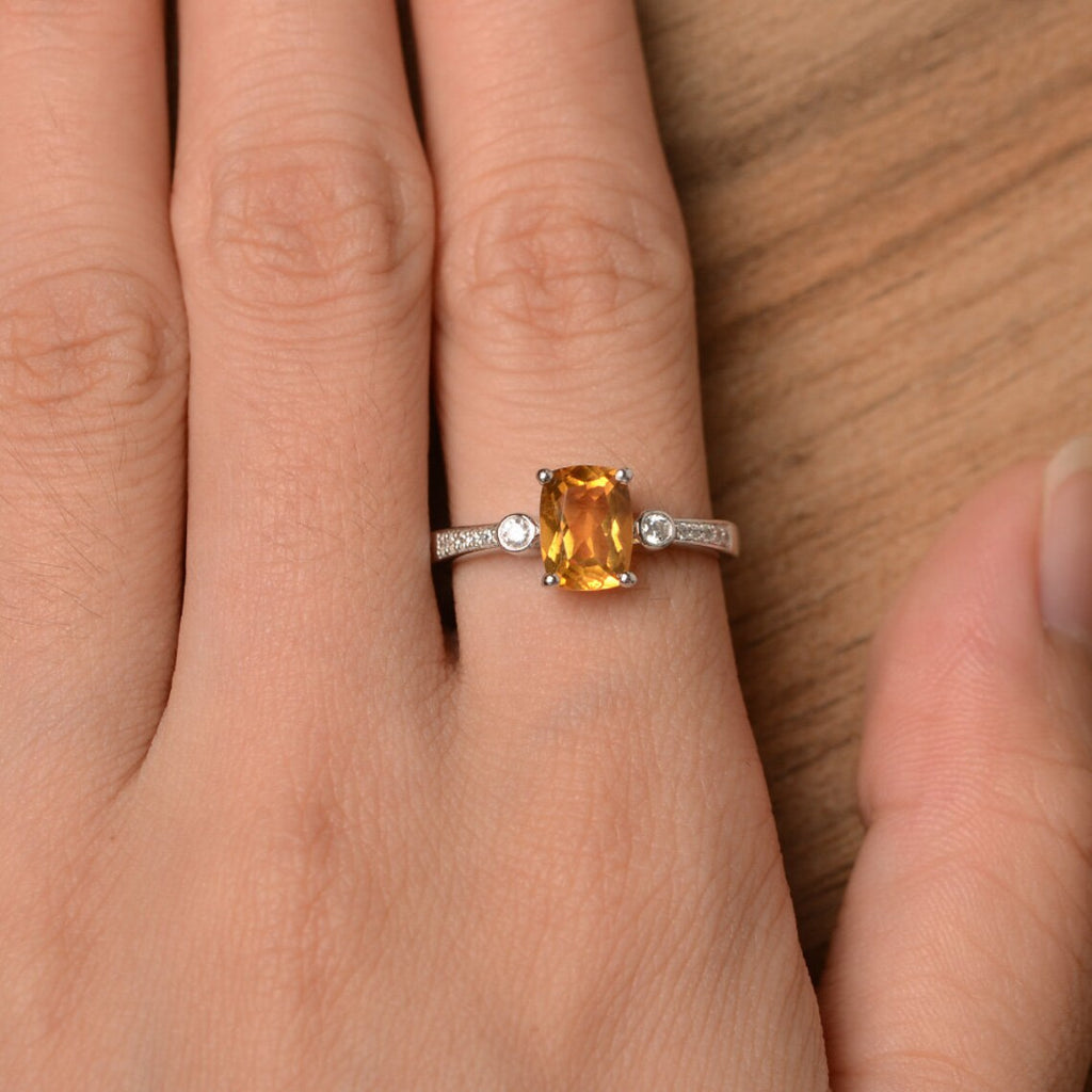 2.25 Ct Cushion Cut Yellow Citrine 925 Sterling Silver Solitaire W/Accents Anniversary Ring