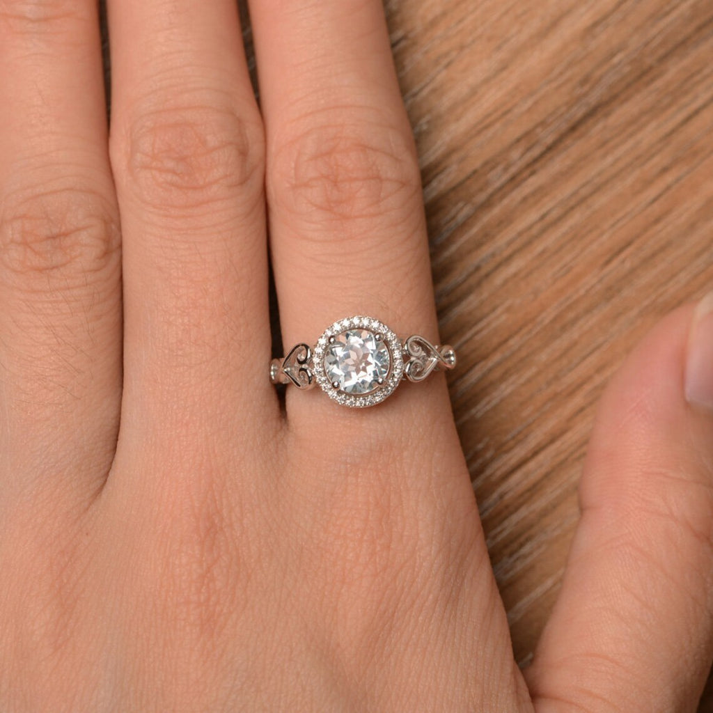 1.25 Ct Round Cut Aquamarine 925 Sterling Silver Halo Floral Anniversary Gift Ring