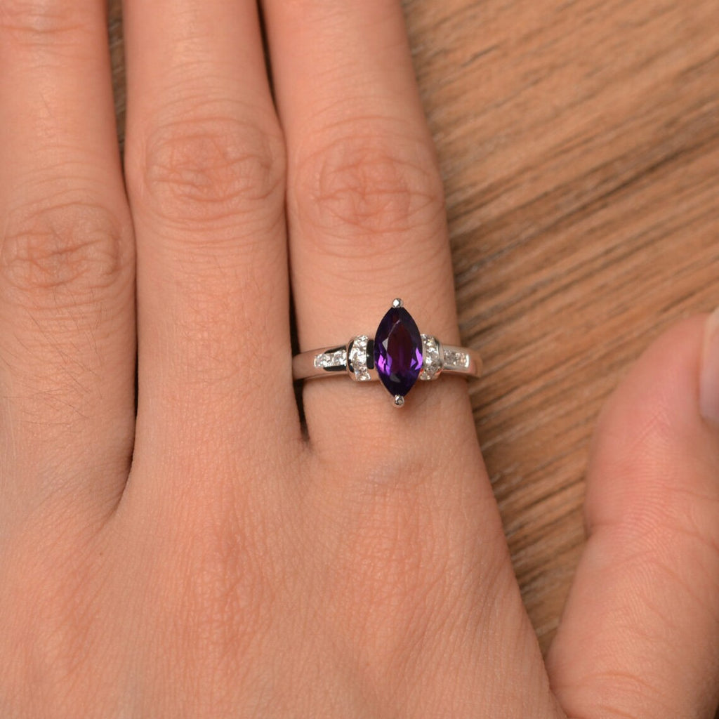 2.25 Ct Marquise Cut Purple Amethyst Solitaire W/Accents Ring In 925 Sterling Silver