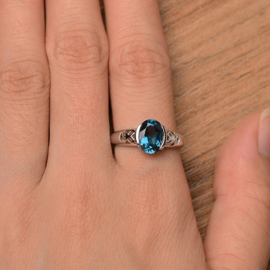 1.20 Ct Oval Cut London Blue Topaz 925 Sterling Silver Bezel Set Anniversary Gift Ring