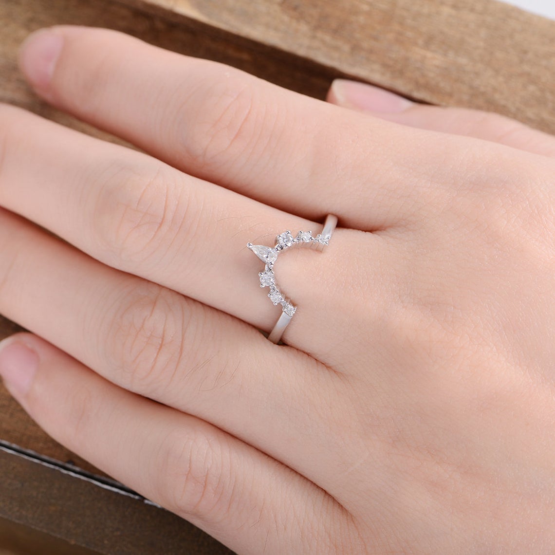 1 CT Pear Cut Diamond 925 Sterling Silver Curved Halo Wedding Band Ring