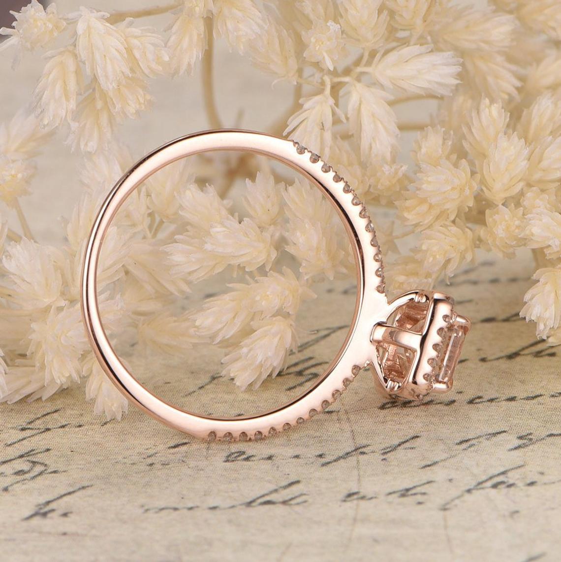1.00 CT 925 Sterling Silver Emerald Cut Morganite While Diamond Engagement Ring