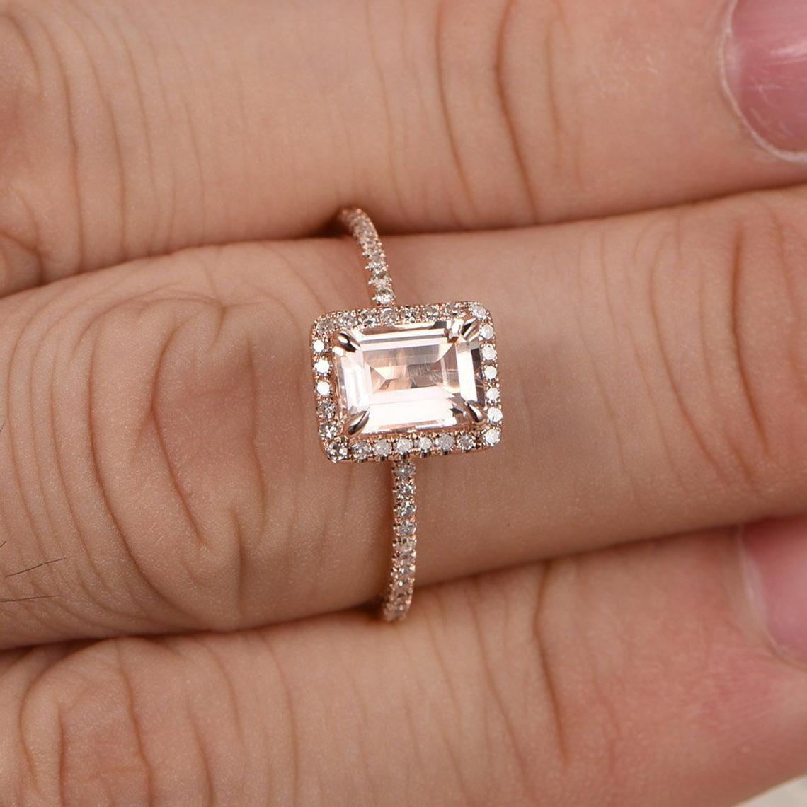 1.00 CT 925 Sterling Silver Emerald Cut Morganite While Diamond Engagement Ring