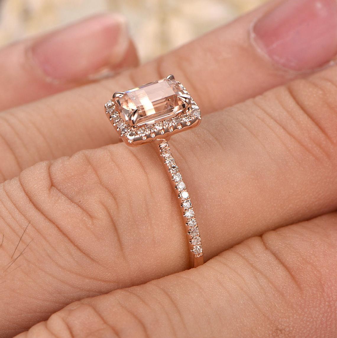 1.00 CT 925 Sterling Silver Emerald Cut Morganite While Diamond Engagement Ring