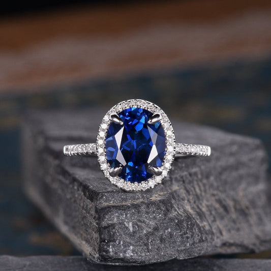 2.50 Ct Oval Cut Blue Sapphire 925 Sterling Silver Halo September Birthstone Anniversary Ring