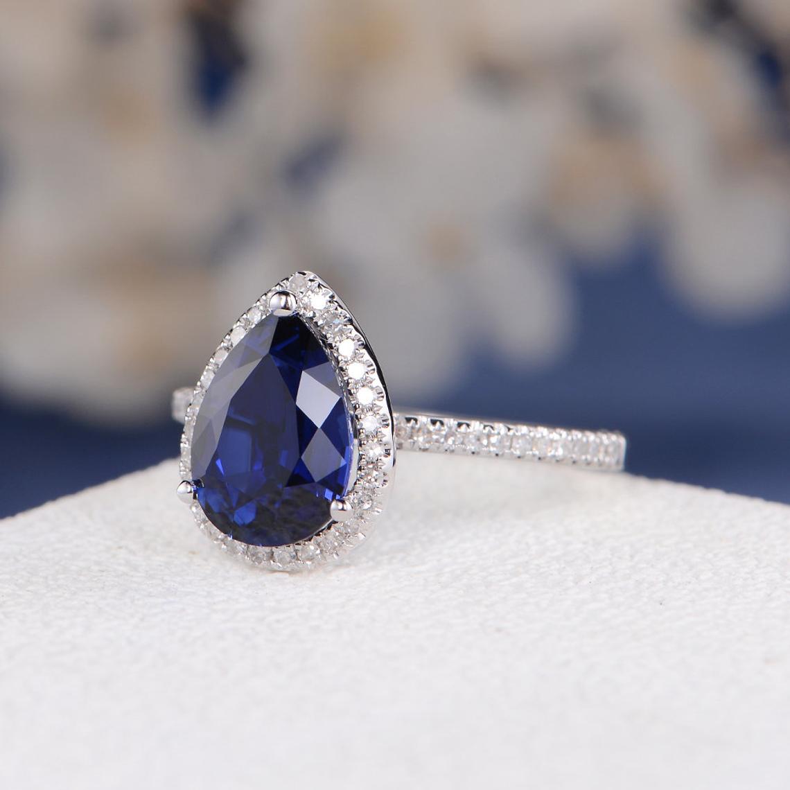 1.00 CT 925 Sterling Silver Pear Cut Sapphire Diamond Anniversary Gift Halo Ring