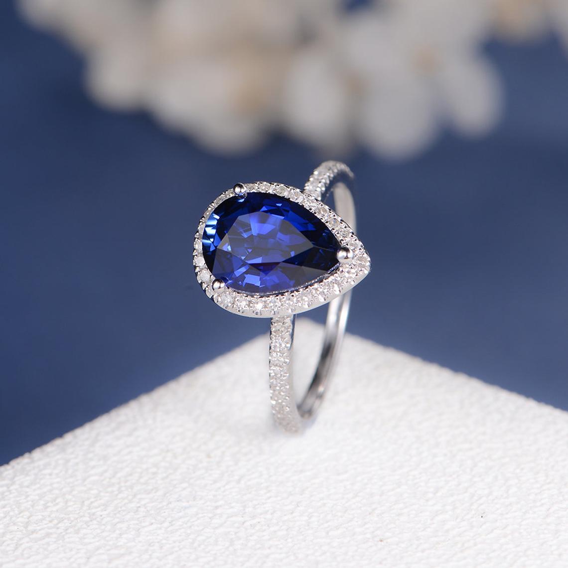1.00 CT 925 Sterling Silver Pear Cut Sapphire Diamond Anniversary Gift Halo Ring