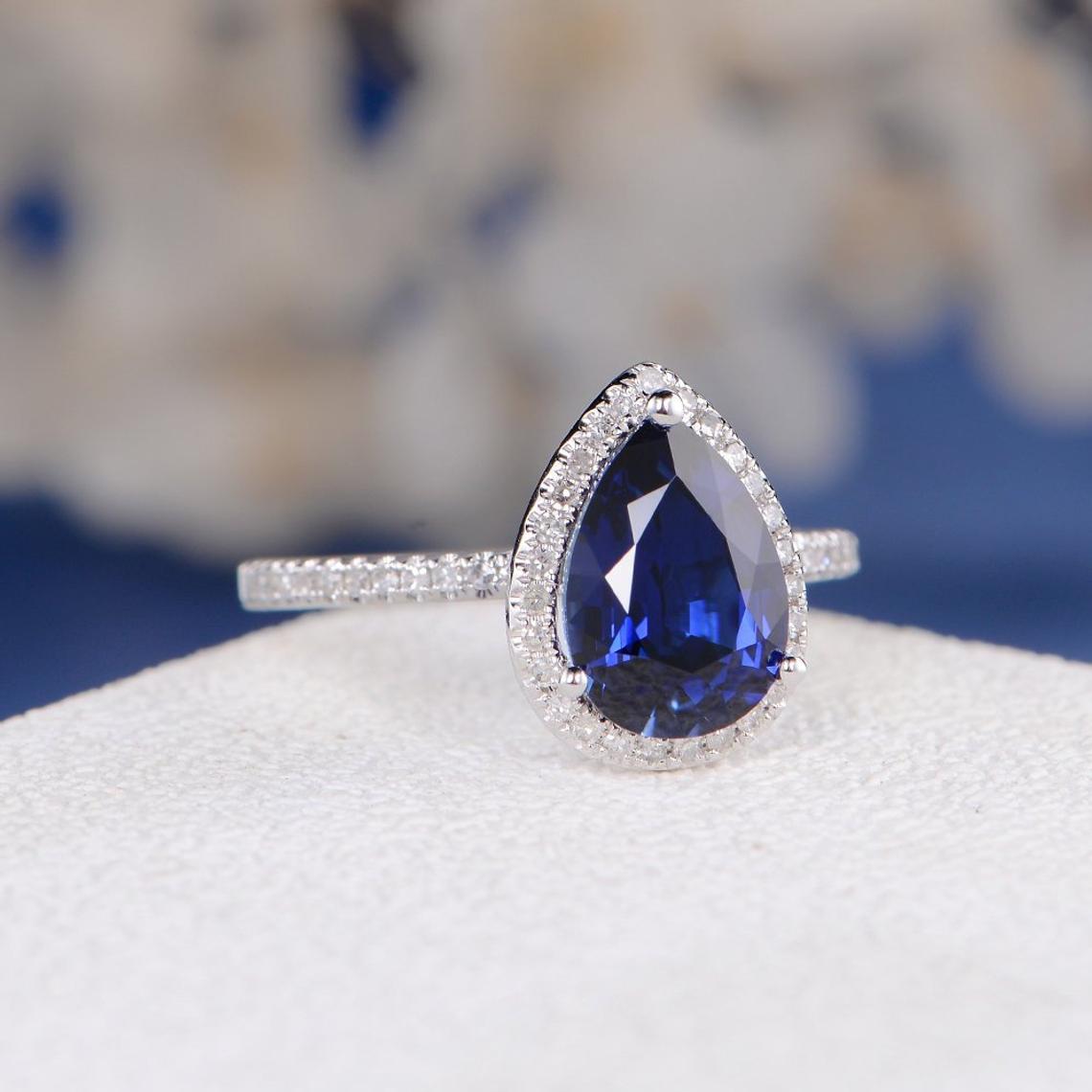 1.00 CT 925 Sterling Silver Pear Cut Sapphire Diamond Anniversary Gift Halo Ring