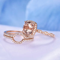 1 CT Cushion Cut Pink Morganite Rose Gold Over On 925 Sterling Silver Curved Wedding Ring Set