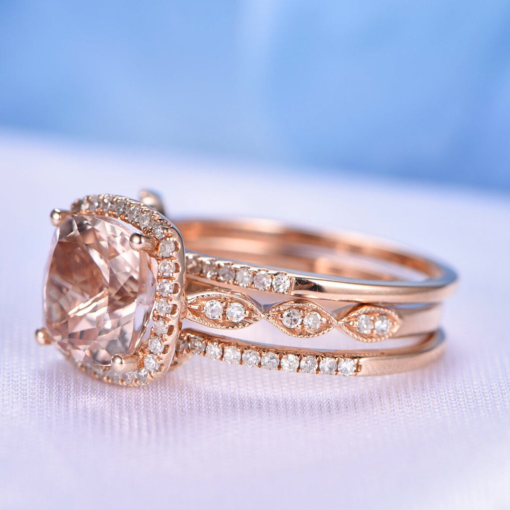 1 CT Cushion Cut Pink Morganite Rose Gold Over On 925 Sterling Silver Curved Wedding Ring Set