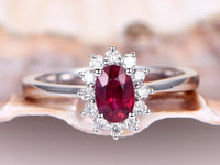 1 CT Oval Cut Red Ruby Diamond White Gold Over On 925 Sterling Silver Halo Engagement Ring