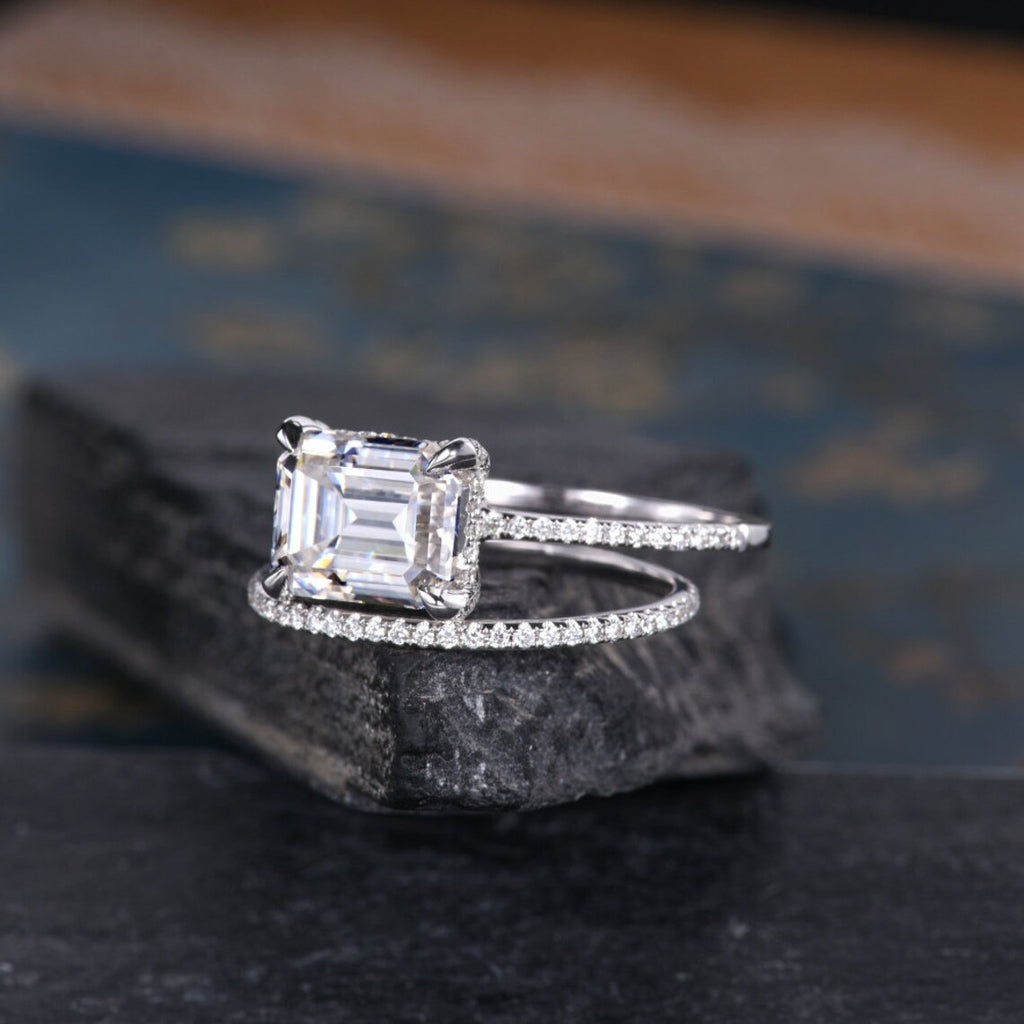 1 CT Emerald Cut Moissanite White Gold Over On 925 Sterling Silver Wedding Bridal Ring Set