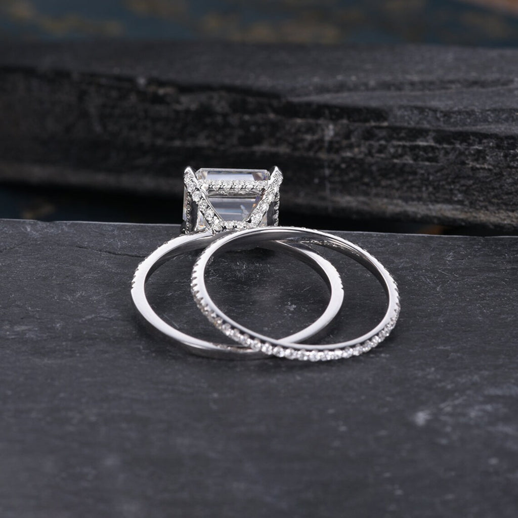 1 CT Emerald Cut Moissanite White Gold Over On 925 Sterling Silver Wedding Bridal Ring Set