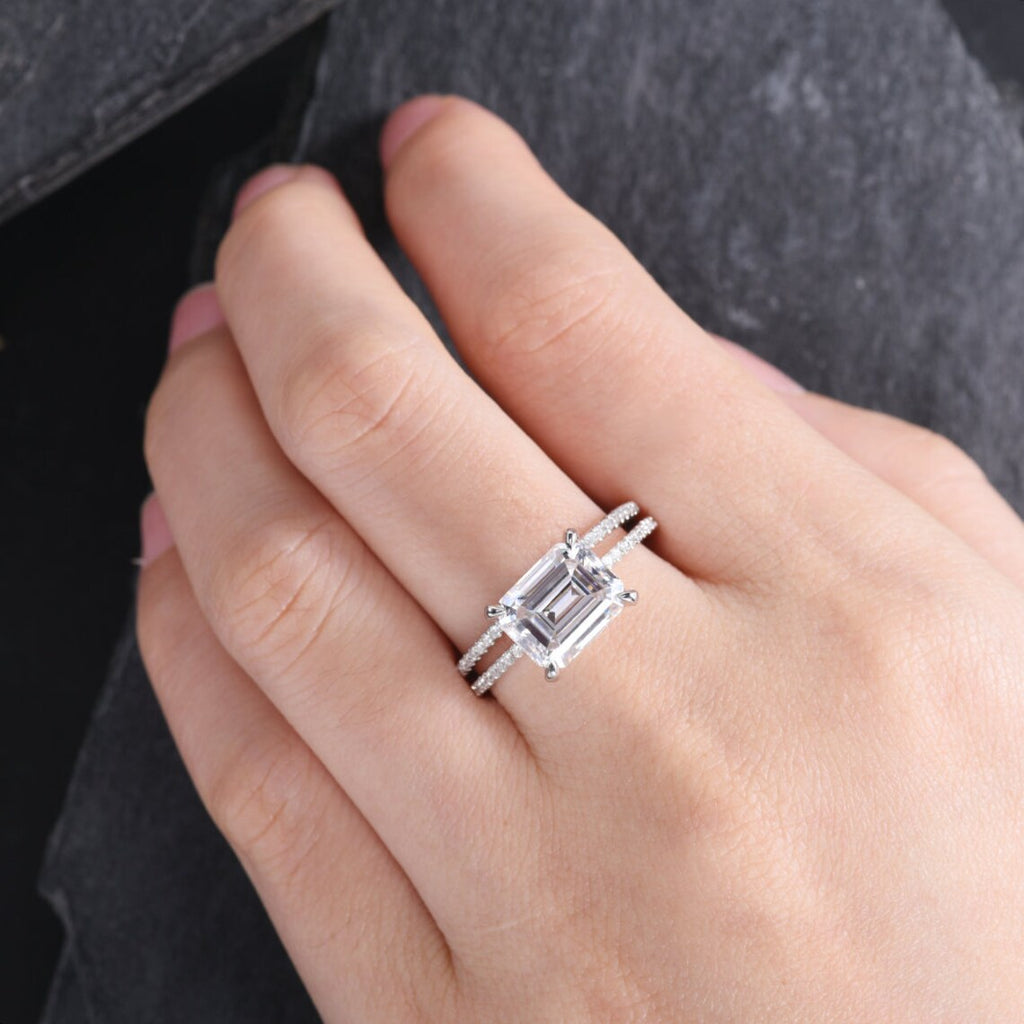 1 CT Emerald Cut Moissanite White Gold Over On 925 Sterling Silver Wedding Bridal Ring Set