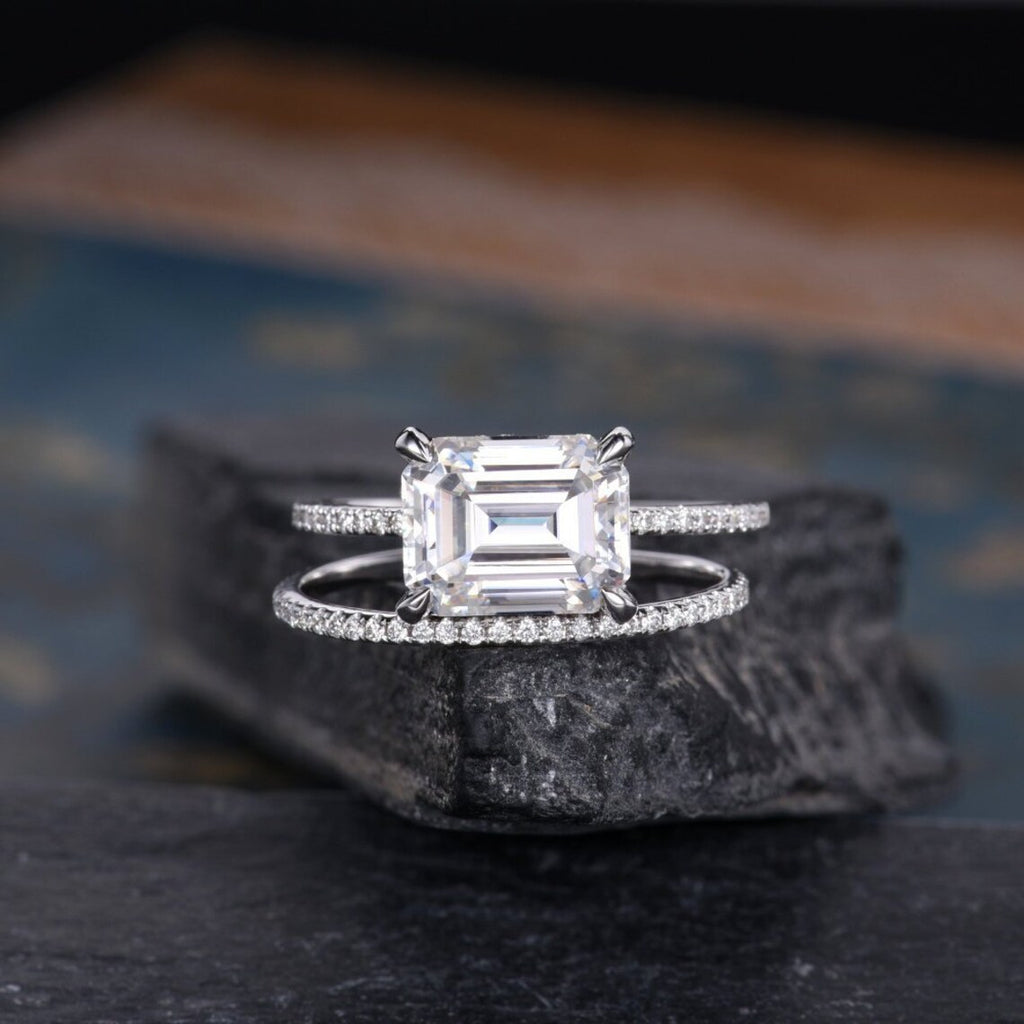 1 CT Emerald Cut Moissanite White Gold Over On 925 Sterling Silver Wedding Bridal Ring Set