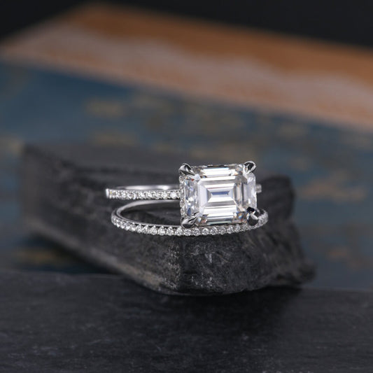 1 CT Emerald Cut Moissanite White Gold Over On 925 Sterling Silver Wedding Bridal Ring Set