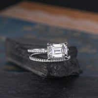 1 CT Emerald Cut Moissanite White Gold Over On 925 Sterling Silver Wedding Bridal Ring Set