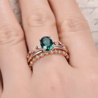 1 CT Oval Cut Green Emerald Rose Gold Over On 925 Sterling Silver Engagement Ring Set