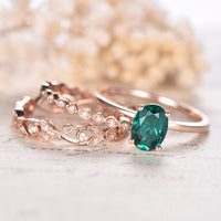 1 CT Oval Cut Green Emerald Rose Gold Over On 925 Sterling Silver Engagement Ring Set