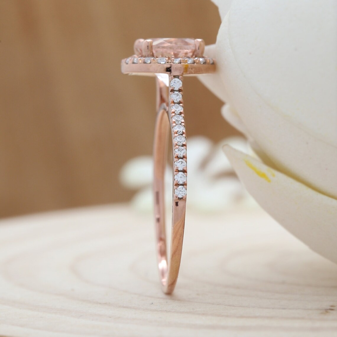 1 CT Round Cut Peach Morganite & CZ Diamond Rose Gold Over On 925 Sterling Silver Halo Engagement Ring - atjewels.in