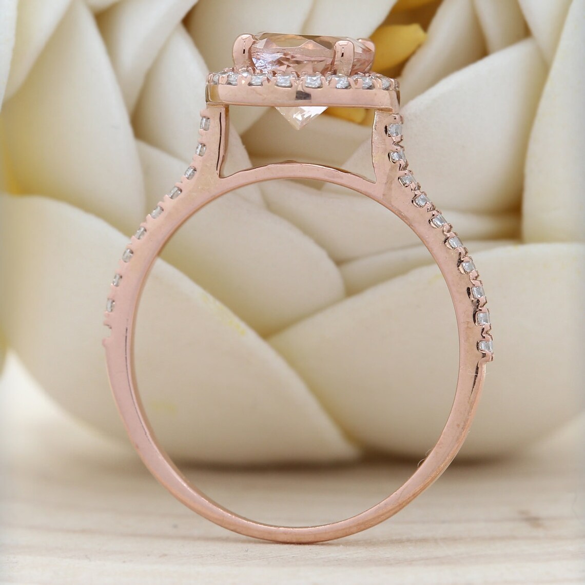 1 CT Round Cut Peach Morganite & CZ Diamond Rose Gold Over On 925 Sterling Silver Halo Engagement Ring - atjewels.in
