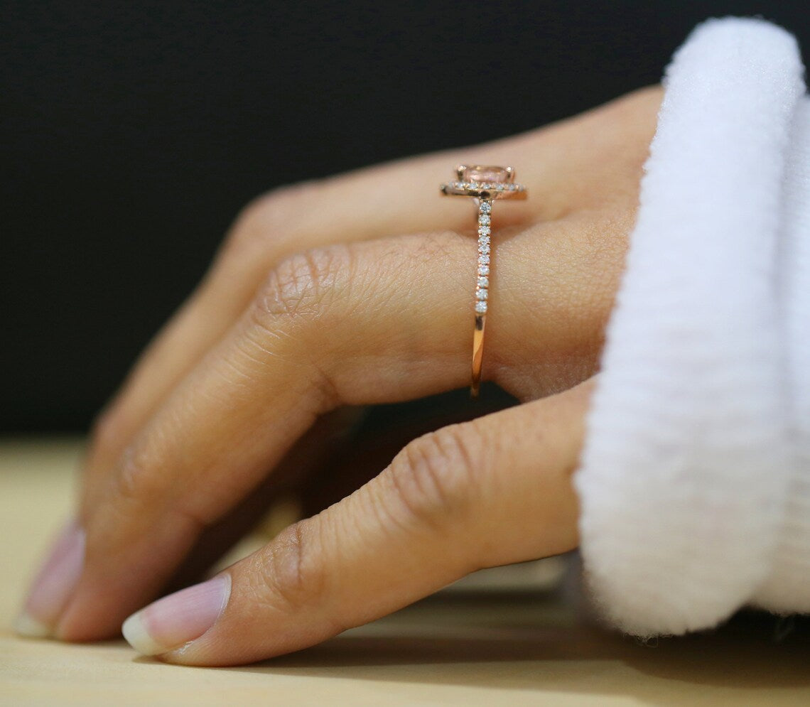 1 CT Round Cut Peach Morganite & CZ Diamond Rose Gold Over On 925 Sterling Silver Halo Engagement Ring - atjewels.in