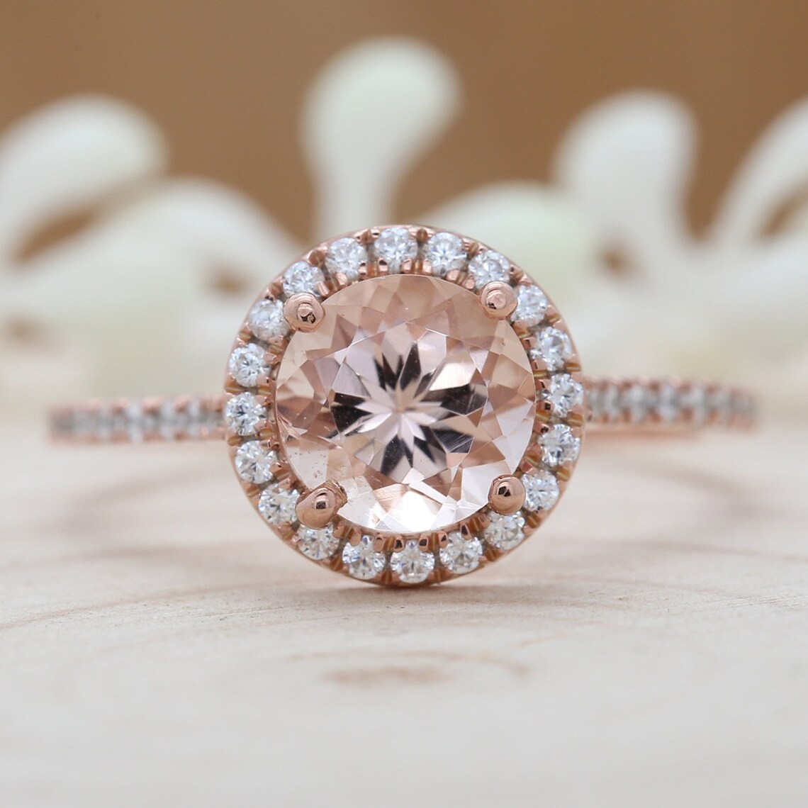 1 CT Round Cut Peach Morganite & CZ Diamond Rose Gold Over On 925 Sterling Silver Halo Engagement Ring - atjewels.in
