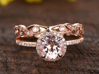 1.2 CT Round Cut Pink Morganite Rose Gold Over On 925 Sterling Silver Floral Wedding Bridal Ring Set